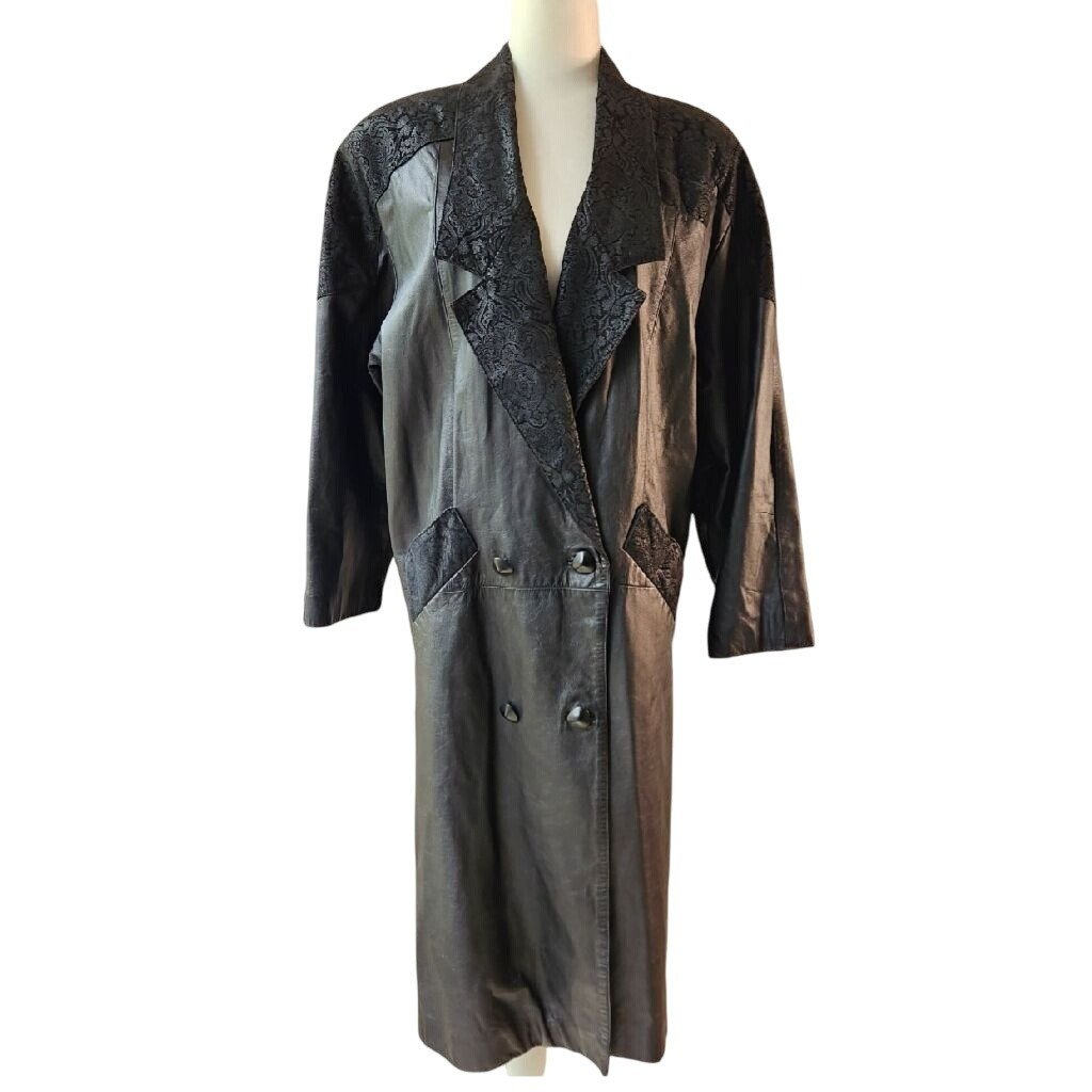 Charles Klein Vintage Black Leather Paisley Trim Trench Coat Small Medium